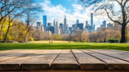 Fototapeta premium Serene View of Central Park with a Wooden Table in the Foreground Overlooking the Bustling Manhattan Skyline and Bright Blue Sky in Springtime