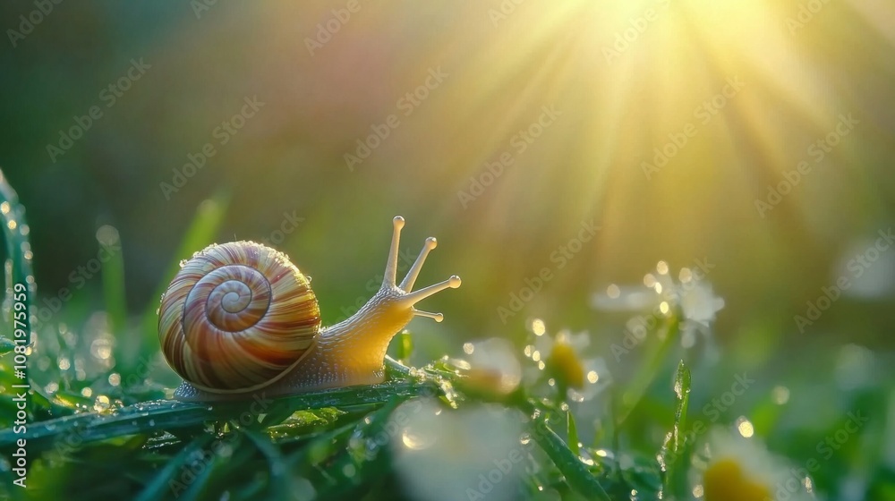 Poster beautiful close-up of a snail on green grass with dew drops and sun rays background, capturing natur