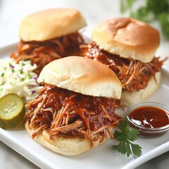 A plate of tender BBQ pulled pork sandwiches with a side of coleslaw and pickles, served on a simple white plate, Sandwiches slightly off-center with pulled pork visible