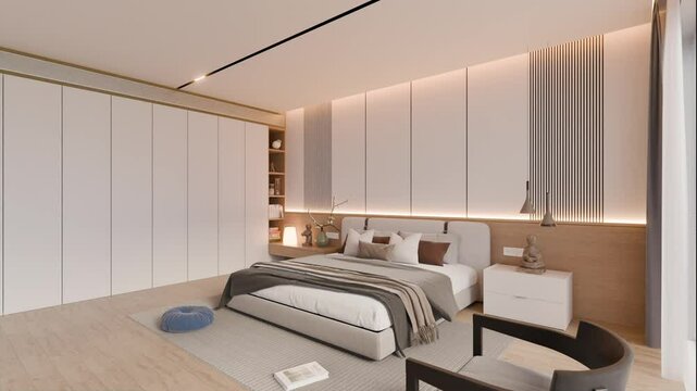 interior of modern luxury bedroom with furniture, video ultra HD 4K 3840x2160,  3D animation bedroom design architecture visualization