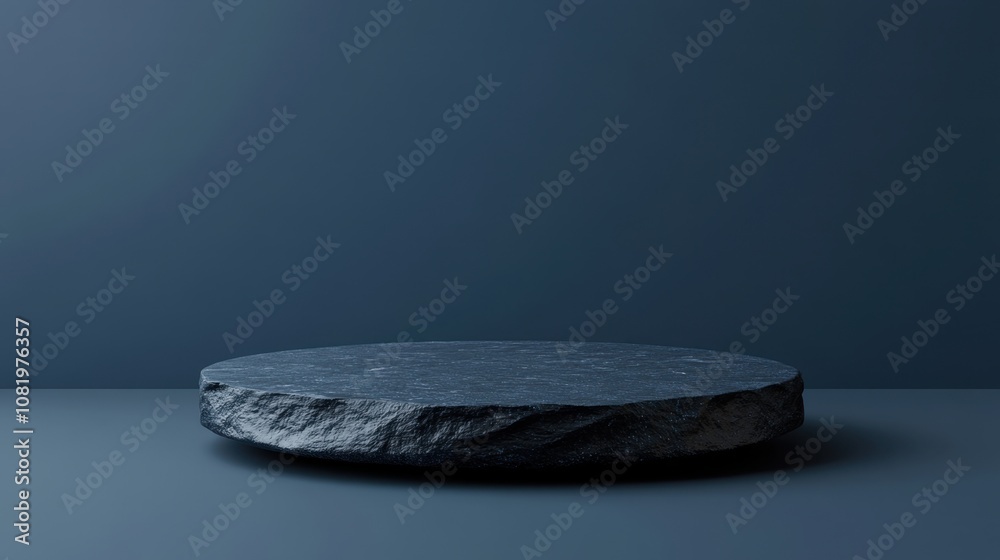 Poster elegant round stone platform set against a dark textured wall, perfect for displaying products or cr