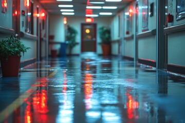 Hospital corridor in blue tones with chairs and stands. Medicine, illness, treatment