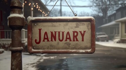 Obraz premium Welcome, January Snowy Neighborhood Scene with a Vintage Sign Announcing the New Year