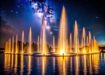 A Serene Night Scene of Majestic Fountains Shooting Water High into the Air, Bathed in Soft, Warm Light Creating a Magical Atmosphere for Evening Strolls and Relaxation