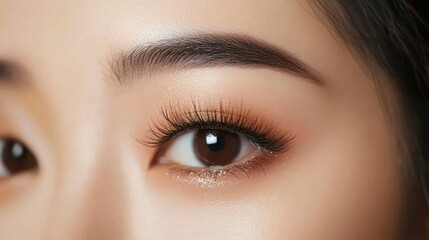 Fototapeta premium Close-up of a Woman's Eye with Long Eyelashes and Glitter Eye Shadow