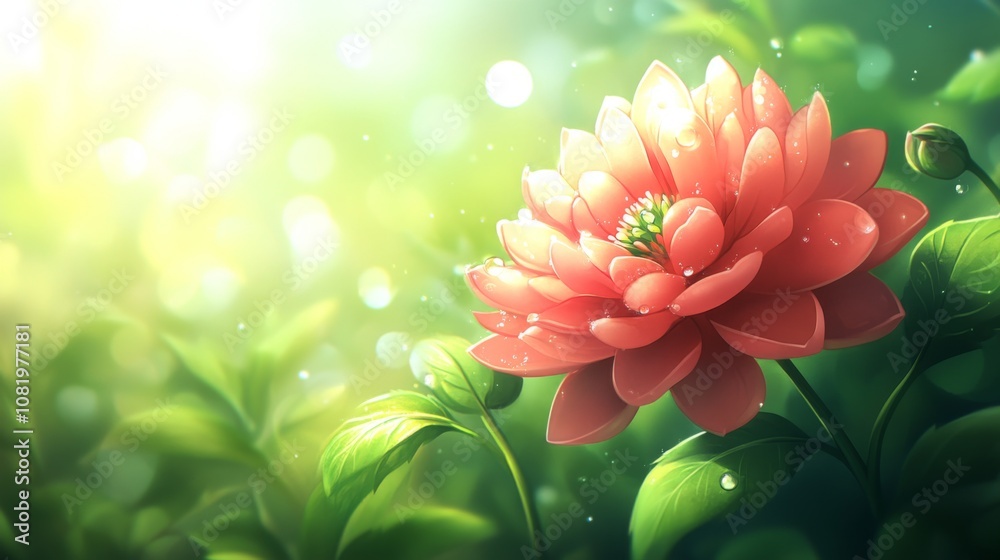 Poster captivating close-up of a blooming pink flower glistening with dew in a lush green environment with 