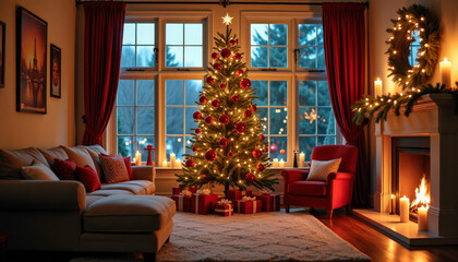 Christmas Cozy Living Room with Fireplace and Christmas Tree. A Warm and Elegant Holiday Decor