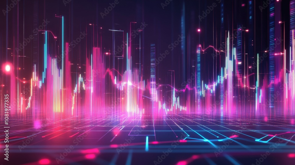 Poster abstract depiction of financial graphs and charts in neon colors