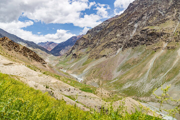 View of himalayan mountains at darcha near barsi bridge and bhag river in the lahaul sub-division in the lahaul and spiti district in the Indian state of himachal pradesh.