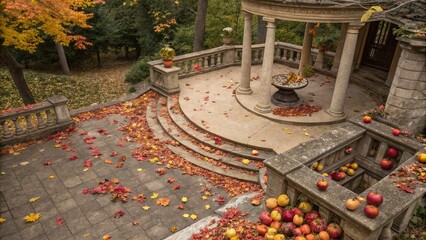 Vintage Autumn Scene with Fallen Leaves and Fruits in Architectural Setting, Showcasing Rustic Charm and Seasonal Colors for Cozy Atmosphere