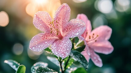 Fototapeta premium Close-up of Dew-Kissed Pink Lily Blooms in a Lush Green Garden with Soft Sunlight Glowing in the Background, Capturing Nature's Beauty and Serenity