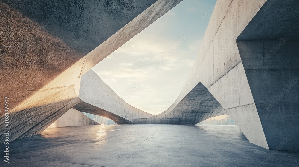 Poster 3D render of abstract futuristic architecture with empty concrete floor