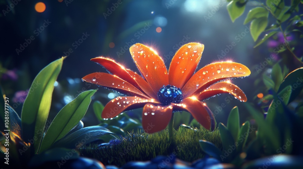 Poster bright orange flower with dew drops in a lush green environment surrounded by colorful flora and glo
