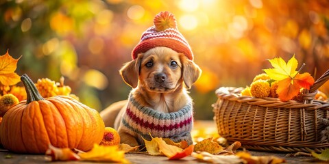 Adorable Brown Puppy in a Knitted Hat Nestled Amidst Colorful Fall Leaves and Pumpkins, Enjoying the Warmth of the Autumn Sun in a Cozy Outdoor Setting