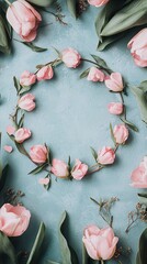 Round Floral Arrangement of Pink Tulips on a Soft Blue Background Creating a Serene and Elegant Atmosphere for Spring and Floral Designs