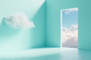 Tiny clouds inside a colored room, empty room, minimalist design with entrance