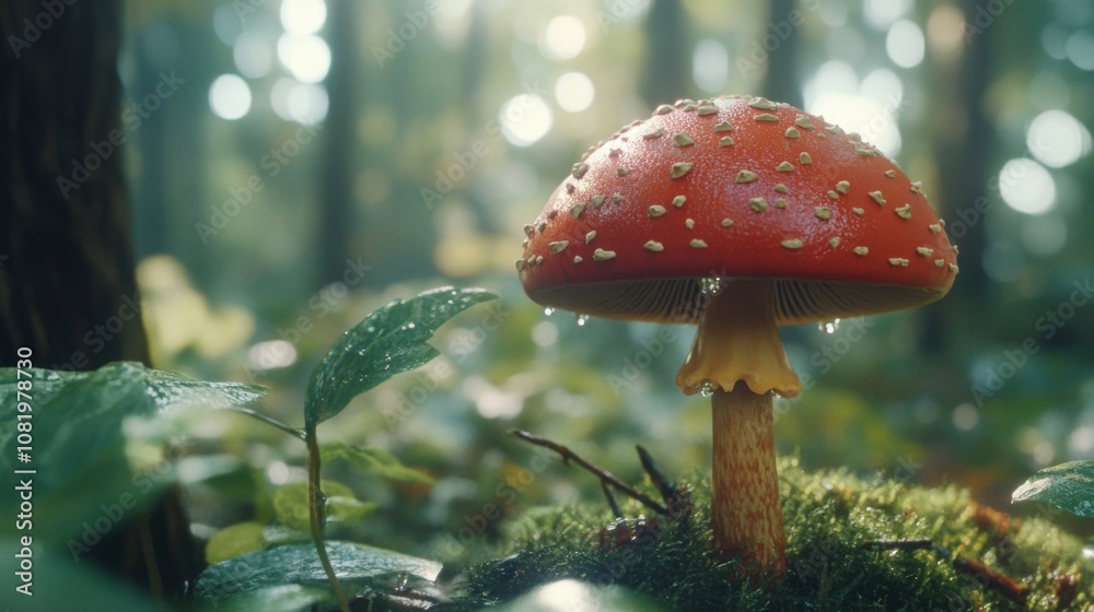 Poster vibrant red mushroom with white spots captured in lush forest environment surrounded by greenery and