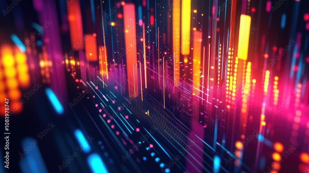 Poster abstract depiction of financial graphs and charts in neon colors