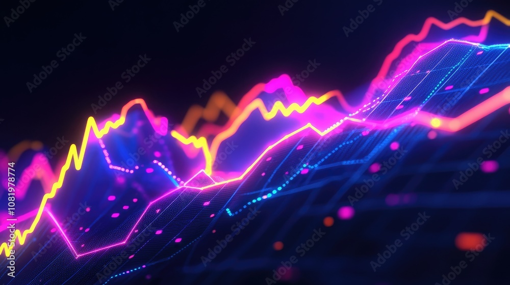 Poster abstract depiction of financial graphs and charts in neon colors