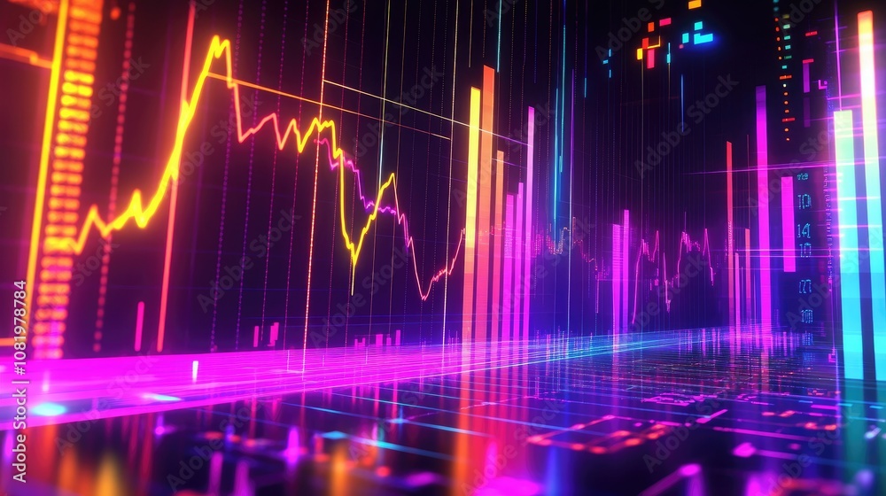Poster abstract depiction of financial graphs and charts in neon colors