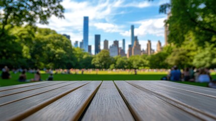A Stunning View of Central Park with a Wooden Table in the Foreground and a Beautiful New York City Skyline in the Background Under Bright Blue Skies