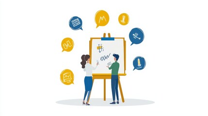 A creative teamwork scene featuring two people brainstorming ideas around an easel with speech bubbles illustrating various concepts.