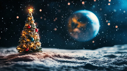 Naklejka premium Decorated Christmas tree on the moon with starry space and planet Earth in the background