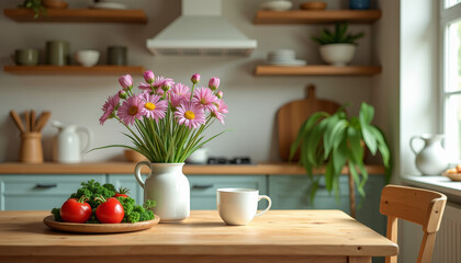 A Delightful Kitchen Display Featuring a Vibrant Bouquet of Pink Flowers
