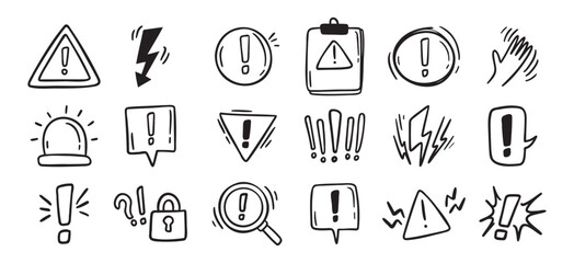 Warnings related hand drawn doodle simple icons set. Vector line drawing warnings related icons.