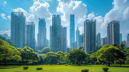 Obraz premium A lush green park with tall skyscrapers in the background under a blue sky with fluffy white clouds.