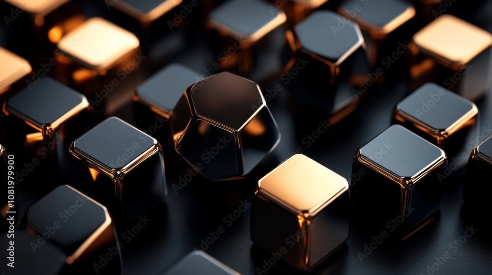 Poster abstract composition of metallic geometric shapes with a focus on shiny black cubes and a distinct g