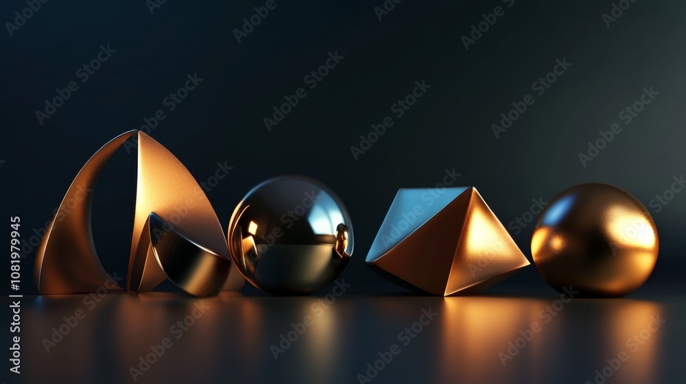Poster elegant abstract arrangement of geometric shapes with metallic finish in soft lighting for creative 