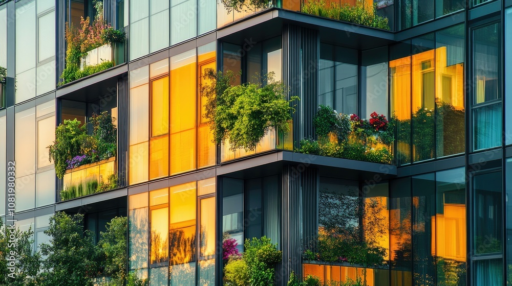 Poster architecture image with a modern glass building with a lot of green plants
