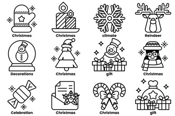 A set of illustrations in the concept of Christmas decorations in a line drawing style