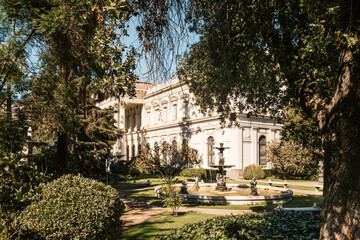 Beautiful gardens grace the front of the former National Congress Building (ex Congreso Nacional) in Santiago, Chile. Completed in 1876, it was destroyed by fire in 1895 and reopened in 1901.