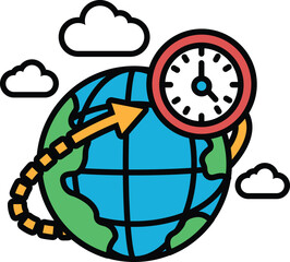 A cartoon drawing of a globe with a clock on it