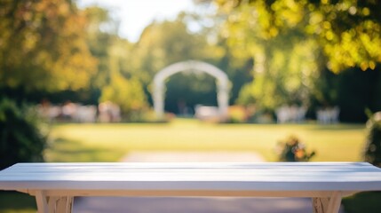 Fototapeta premium Serene Outdoor Wedding Venue with Elegant White Archway Surrounded by Lush Greenery and Foliage, Perfect for Romantic Ceremonies and Joyful Celebrations