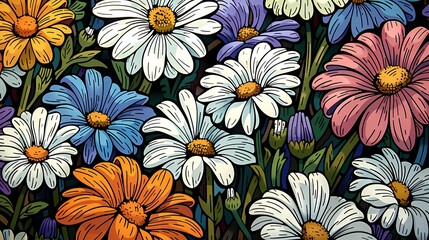 Vintage daisy field natural pattern illustration poster background