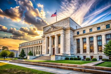 Fototapeta premium Captivating Candid Photography of the Federal Reserve Bank Building Showcasing Distinct Columns and Architectural Elegance in Urban Landscape