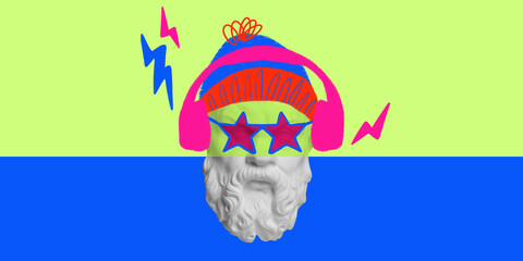 Antique statue bust adorned with red star-shaped glasses and headphones on neon green and blue split background, funky pop art style. Contemporary art collage. Concept of modern art, creativity