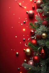 Obraz premium Festive Christmas Ornaments on Red Background with Lights