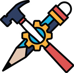 A hammer and a pencil are crossed over each other