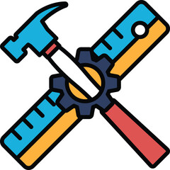 A hammer and a tape measure are crossed over each other