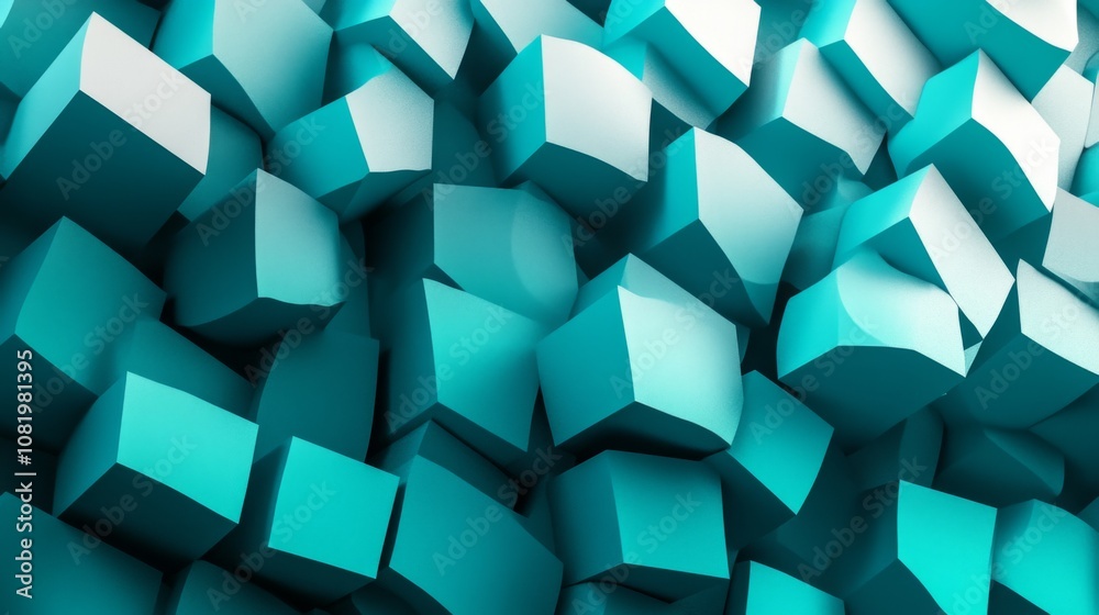 Aufkleber Abstract Background of 3D Turquoise Cubes Creating a Dynamic Texture of Geometric Shapes with Depth and Light Reflections for Modern Design and Art Projects