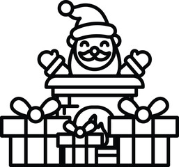 A cartoonish image of Santa Claus sitting in front of a fireplace with a pile of presents