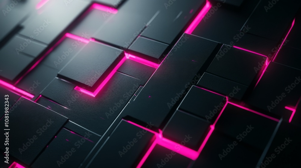 Aufkleber Abstract geometric pattern with black blocks and glowing pink lines creating a modern and futuristic background for technology and design projects