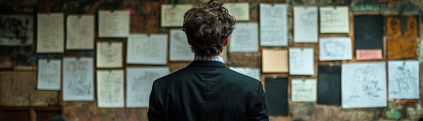 Obraz premium A person stands with their back to a wall covered in various papers, sketches, and notes, suggesting an environment of creativity and brainstorming.