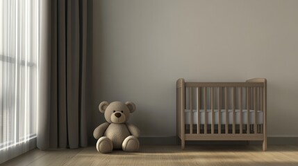 Cozy Nursery Setting Featuring a Soft Teddy Bear and a Minimalistic Crib Surrounded by Natural Light and Warm Neutral Tones for a Comforting Atmosphere