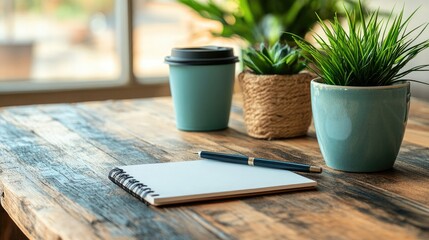 Aesthetic Workspace Setup with Coffee, Notepad, and Potted Plants. A Bright and Minimalistic Environment Ideal for Enhancing Productivity and Creativity, Perfect for Work-from-Home Scenarios.