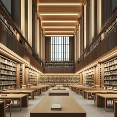 Fototapeta premium Modern wooden library with bookcases and tables.